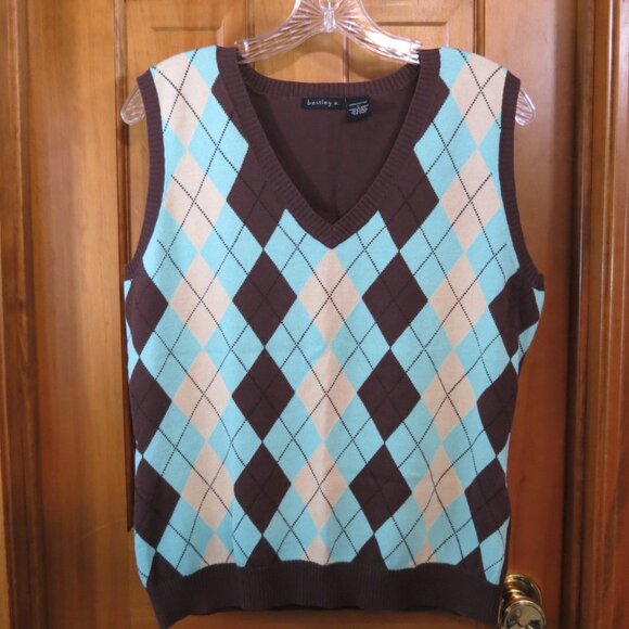 bentley a. Women's Sweater Vest Brown/Tan/Teal 100% Cotton Size Large - Picture 4 of 7